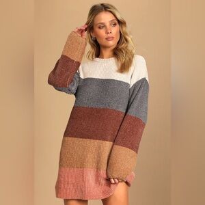 Colors of Autumn Beige Multi Striped Chenille Knit Sweater Dress